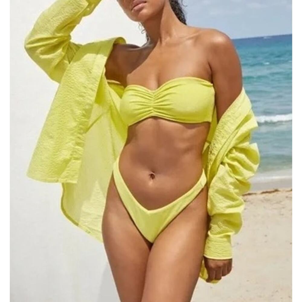 Jade Swim Ava Ruched Strapless Bandeau Top and Lure Bottoms Bikini Set Sorbet